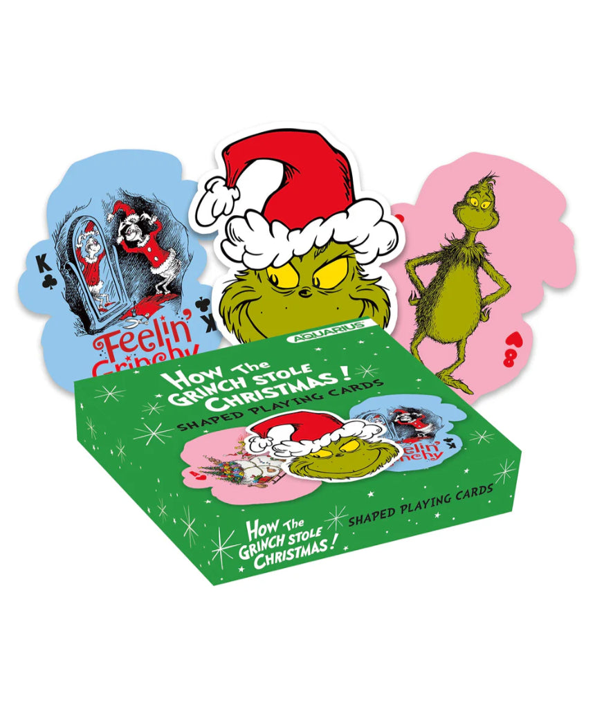 William Valentine The Grinch-shaped playing cards featuring a festive green Grinch design on the card backs and face cards.