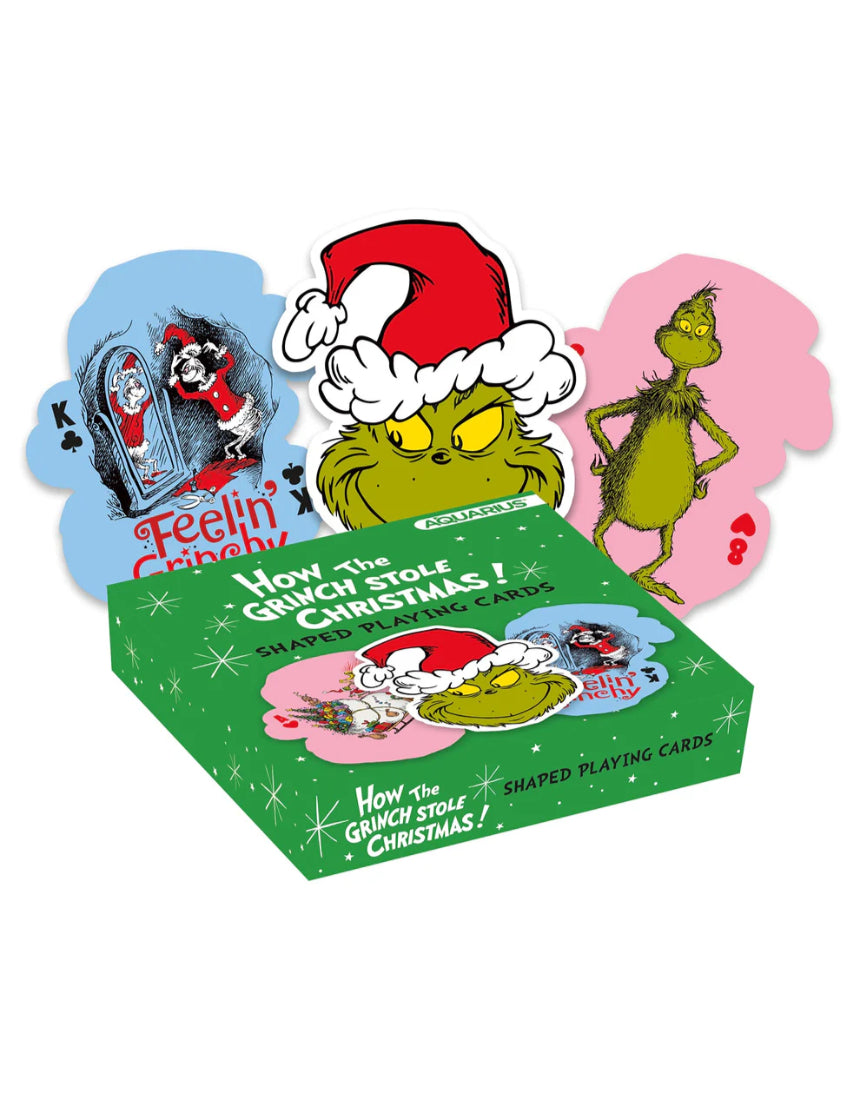 William Valentine The Grinch-shaped playing cards featuring a festive green Grinch design on the card backs and face cards.