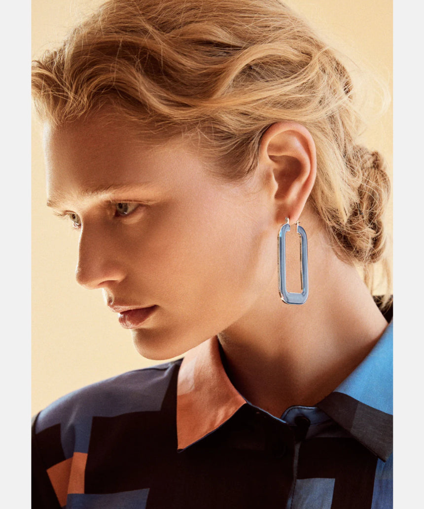 Elk Innfellt Square Hoop Earrings in denim blue featuring a modern square design and silver-tone accents.