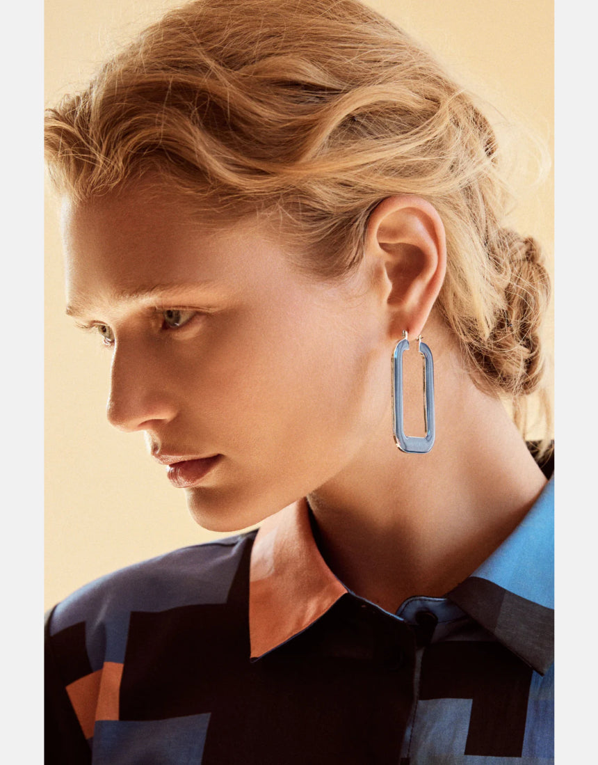 Elk Innfellt Square Hoop Earrings in denim blue featuring a modern square design and silver-tone accents.