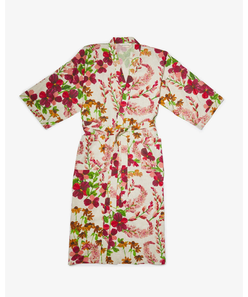 Bonnie and Neil Lupin Multi Linen Robe set on a bed, featuring a stylish, colorful linen robe with matching accessories in a cozy bedroom setting.