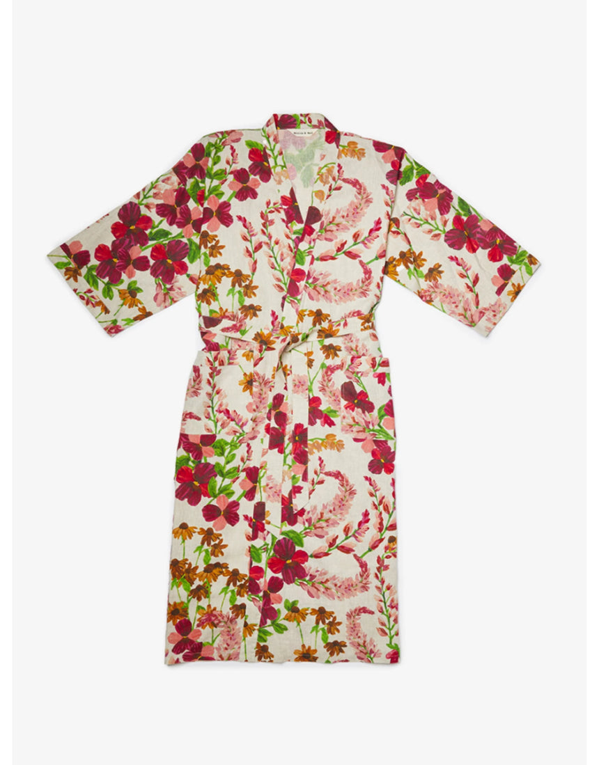 Bonnie and Neil Lupin Multi Linen Robe set on a bed, featuring a stylish, colorful linen robe with matching accessories in a cozy bedroom setting.