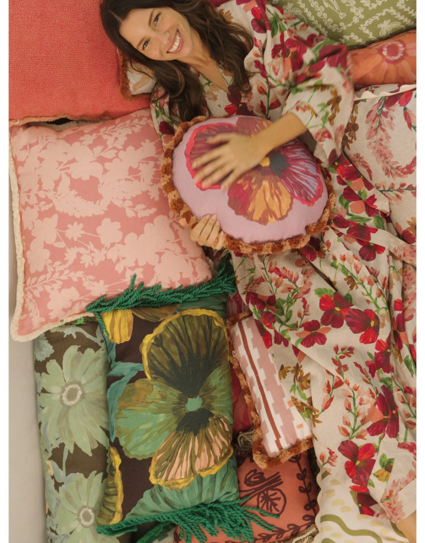 Bonnie and Neil Lupin Multi Linen Robe set displayed on a bed in a stylish bedroom setting.