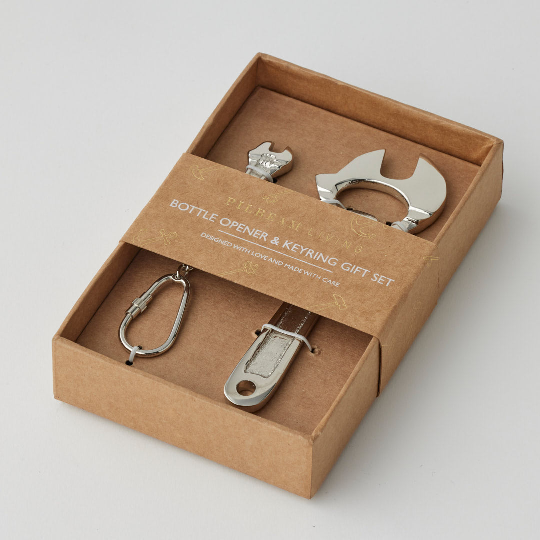 Pilbeam Living silver wrench-shaped bottle opener and keyring set, compact and stylish for everyday use and gift-giving.