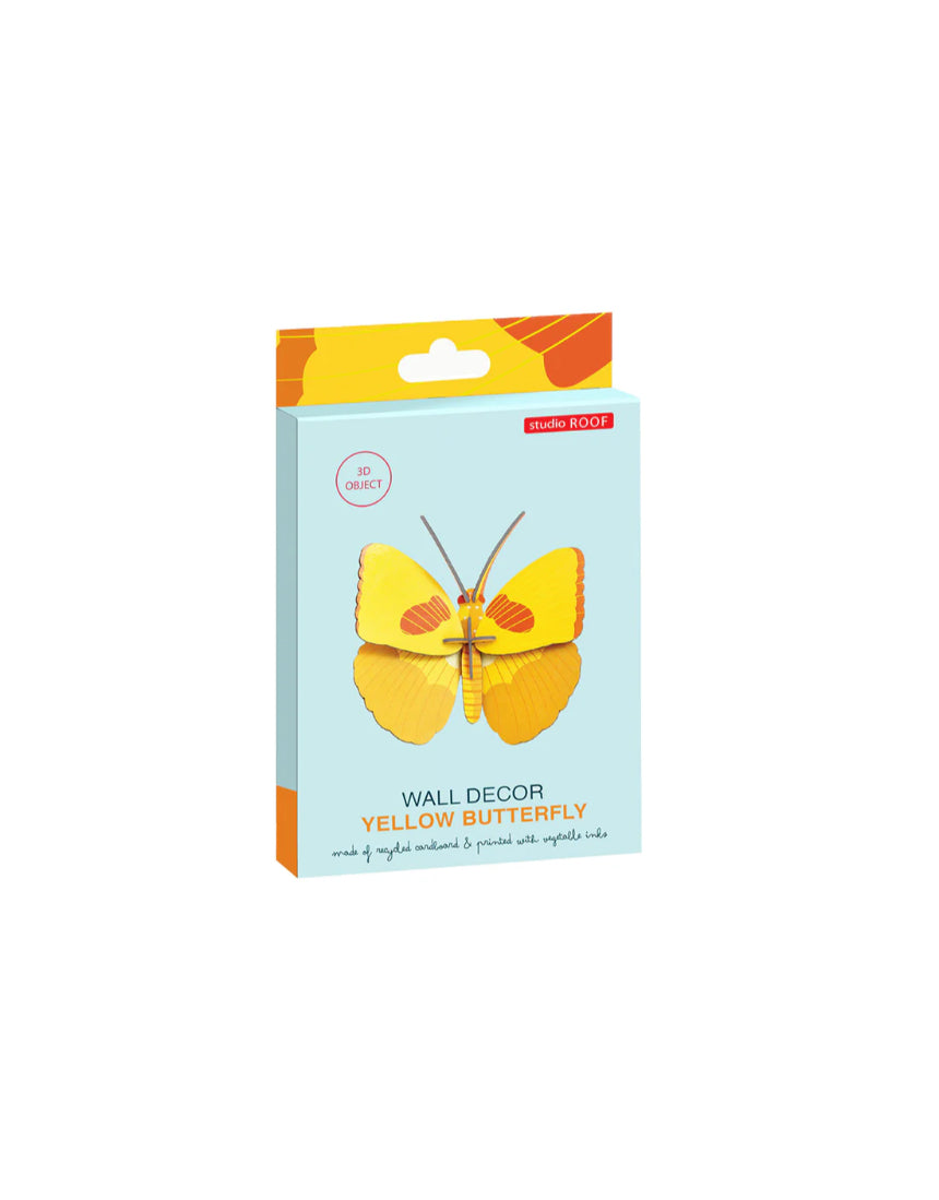Yellow butterfly wall art from Studio Roof, vibrant wall decor featuring a detailed yellow butterfly design.