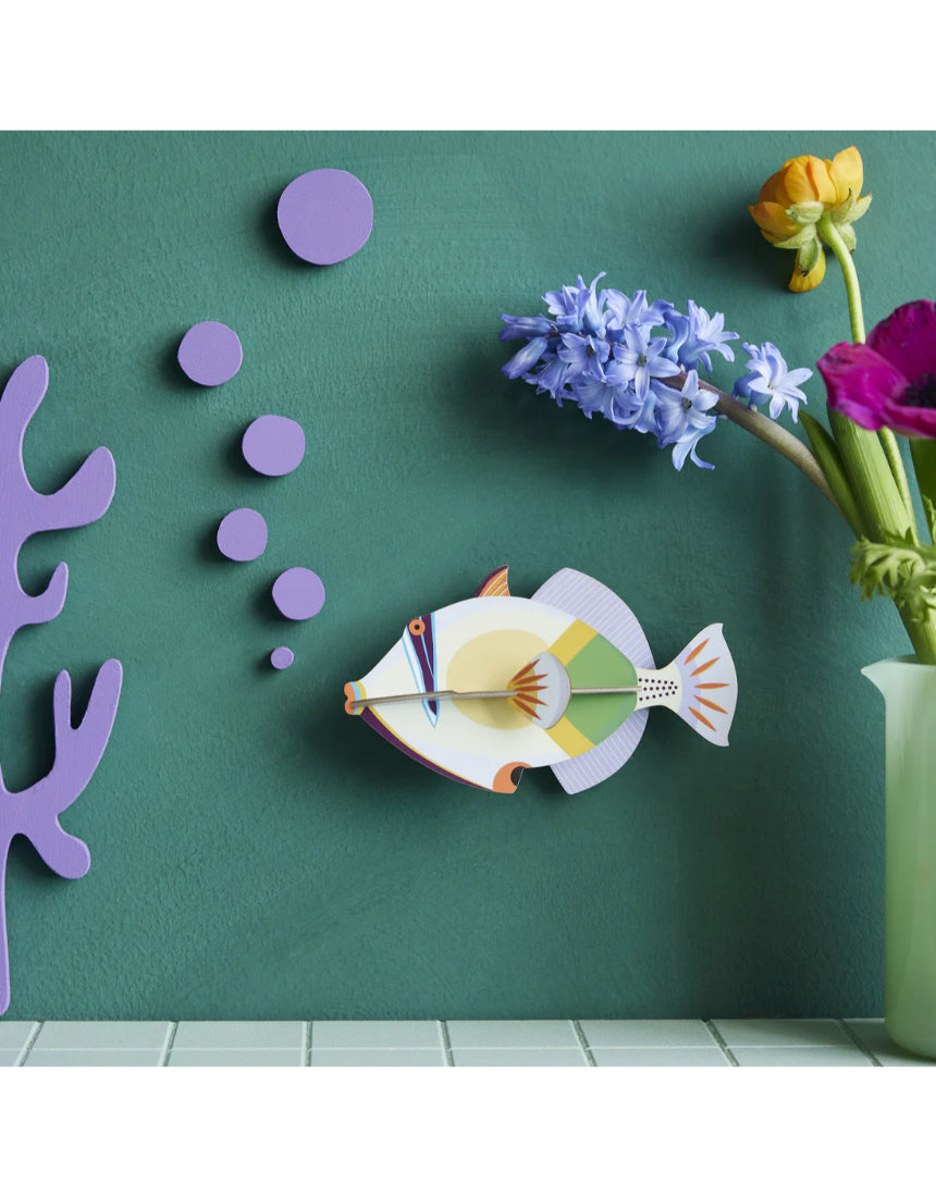 Studio Roof wall art featuring a vibrant lagoon triggerfish, perfect for sea creature-themed home decor.