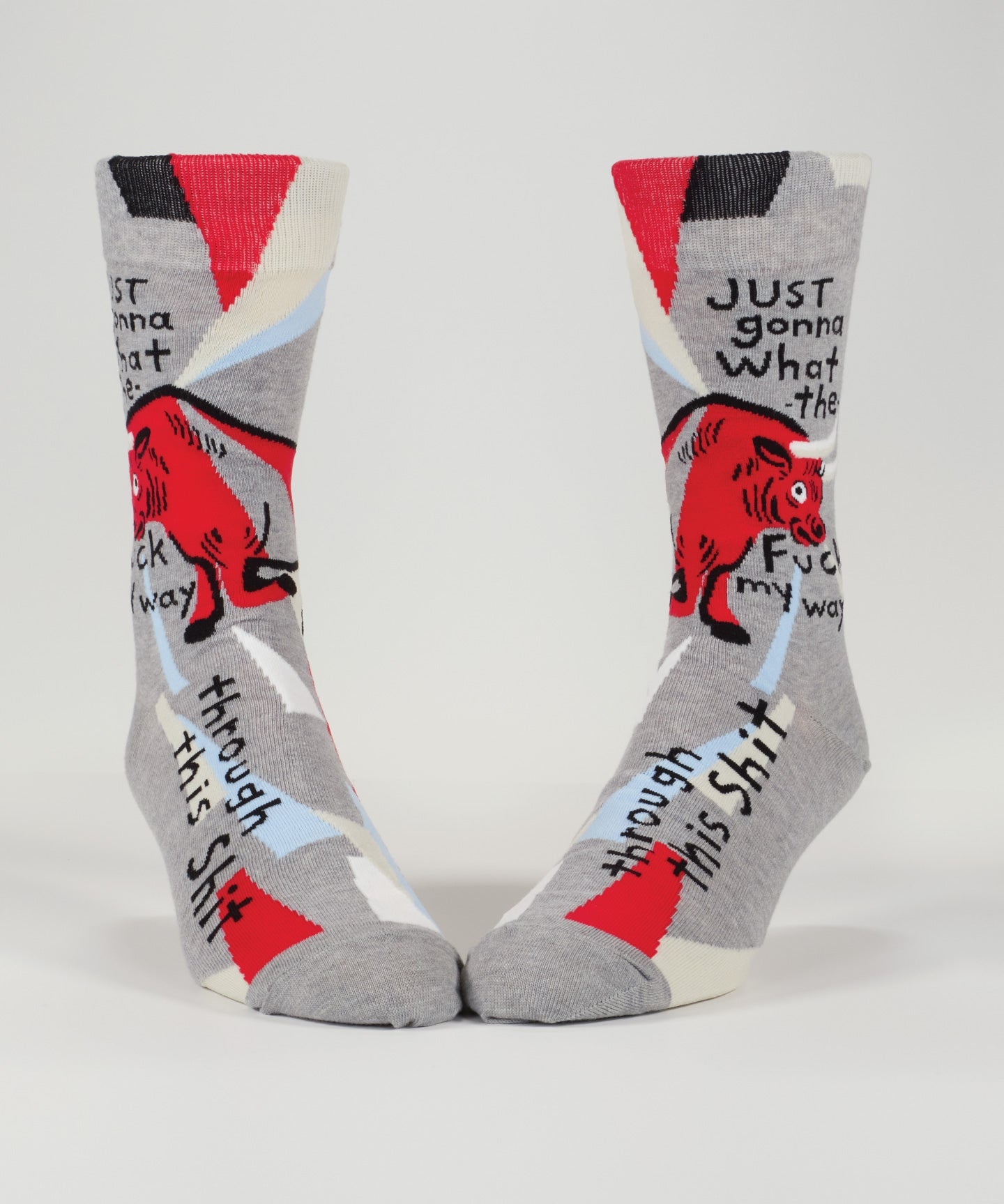 Blue Q men's socks featuring bold "WTF My Way Through" design, colorful pattern, and comfortable fit.