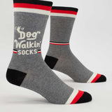 Blue Q men's socks featuring a playful dog walking design, showcasing vibrant blue color and comfortable fit.