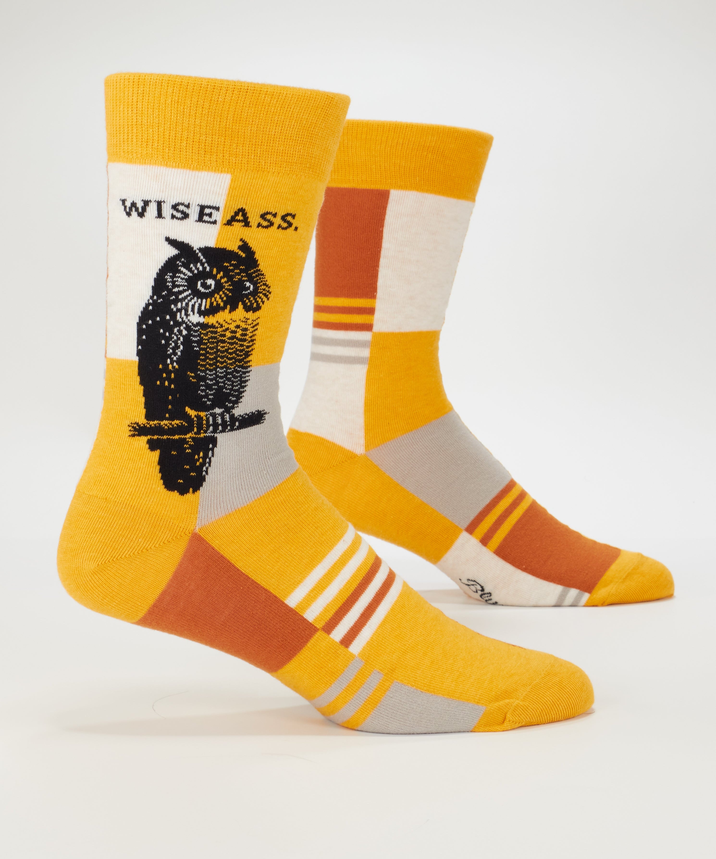 Blue Q men's crew socks featuring a witty design with the Wiseass slogan, made of comfortable, colorful fabric.
