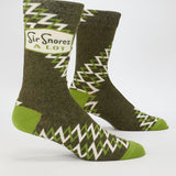 Blue Q men's crew socks featuring a colorful "Sir Snores A Lot" design, showcasing playful sleeping character illustration.