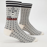 Blue Q men's crew socks featuring a garage-themed design with humorous text, perfect for casual wear.