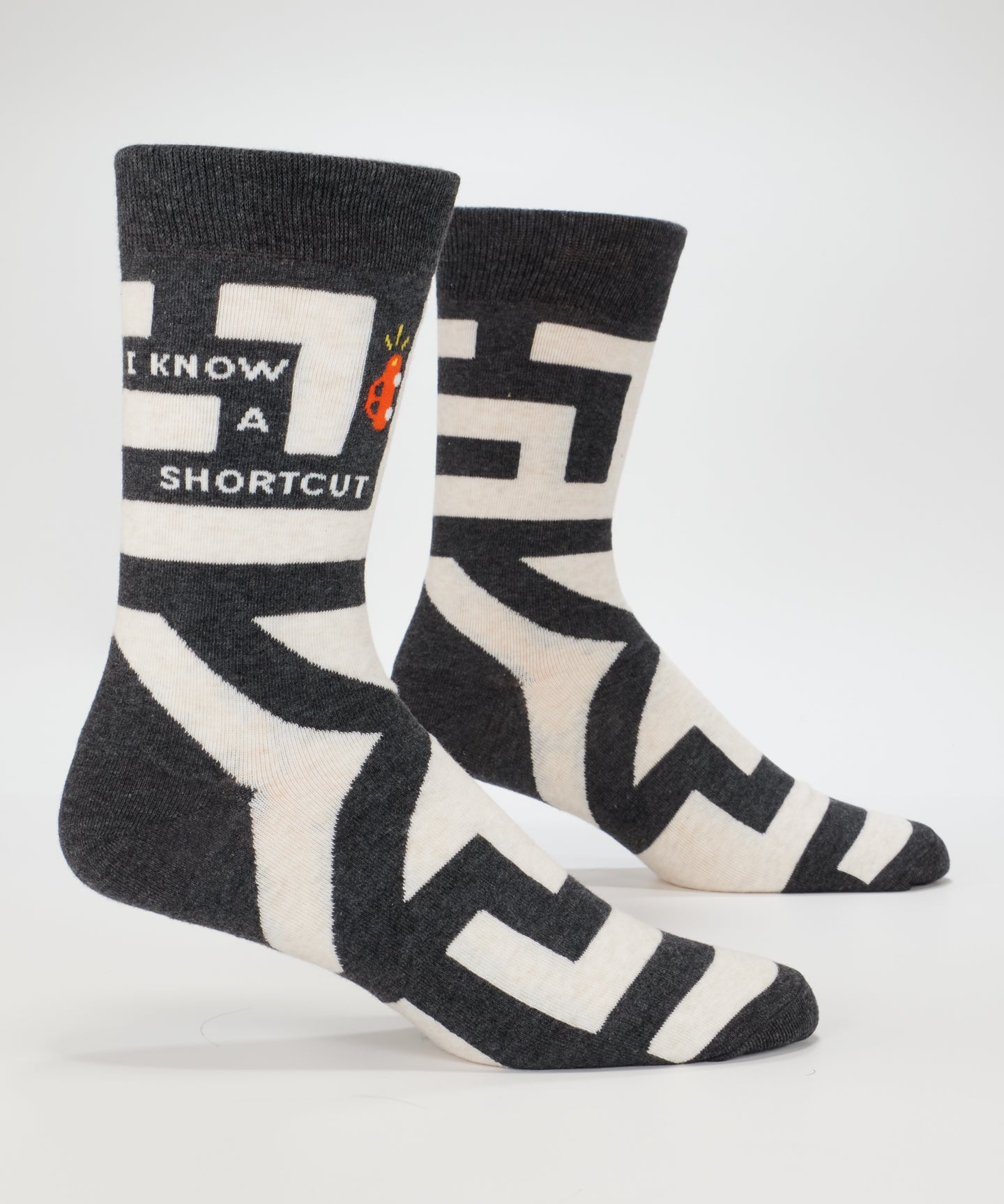 Blue Q men's crew socks featuring the "I Know A Shortcut" design with a blue color and fun printed pattern.