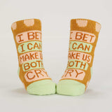 Blue Q baby socks featuring Cuddle Bug and Cry Baby designs, soft cotton socks for infants with playful patterns.