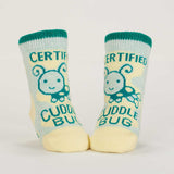 Blue Q Cuddle Bug baby socks featuring cute bug design, soft fabric, and vibrant blue color for comfortable little feet.