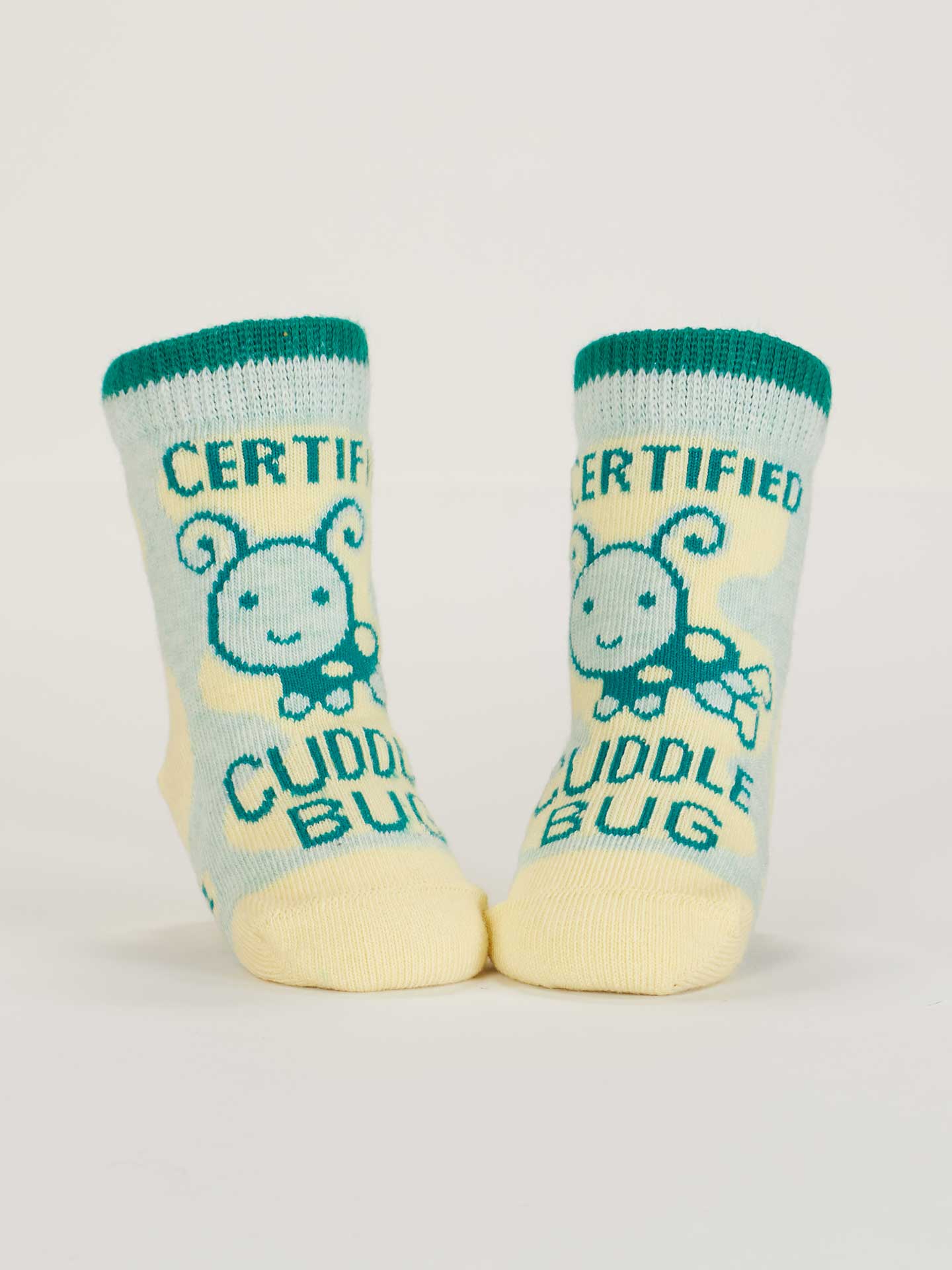 Blue Q Cuddle Bug baby socks featuring cute bug design, soft fabric, and vibrant blue color for comfortable little feet.