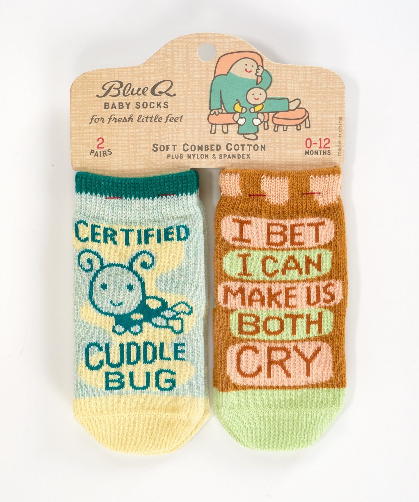 Blue Q baby socks featuring Cuddle Bug and Cry Baby designs, soft and colorful knit socks for infants.