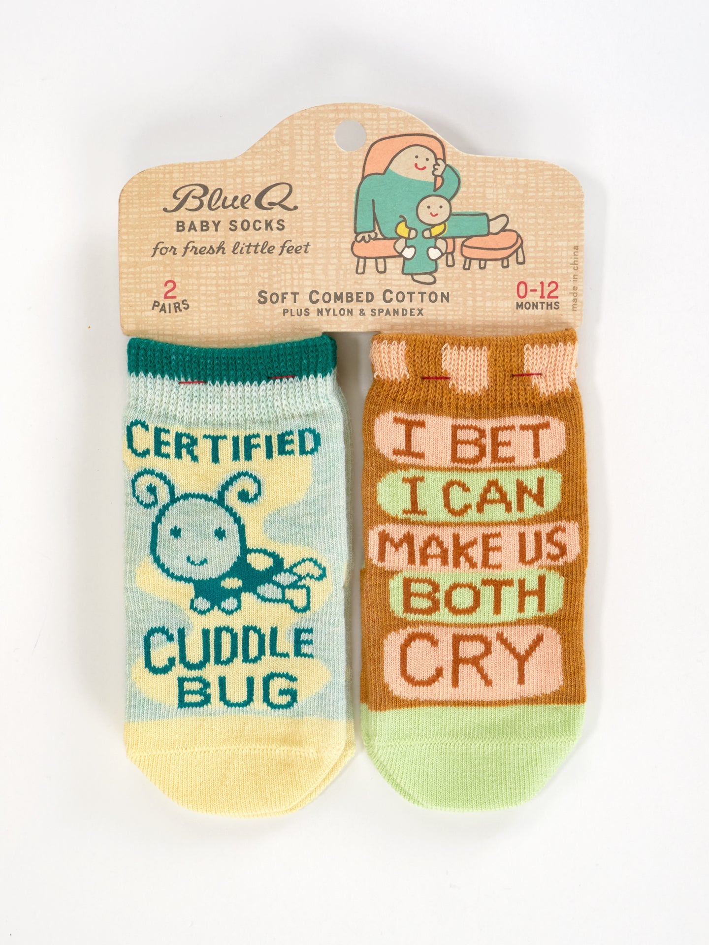 Blue Q baby socks featuring Cuddle Bug and Cry Baby designs, soft and colorful knit socks for infants.