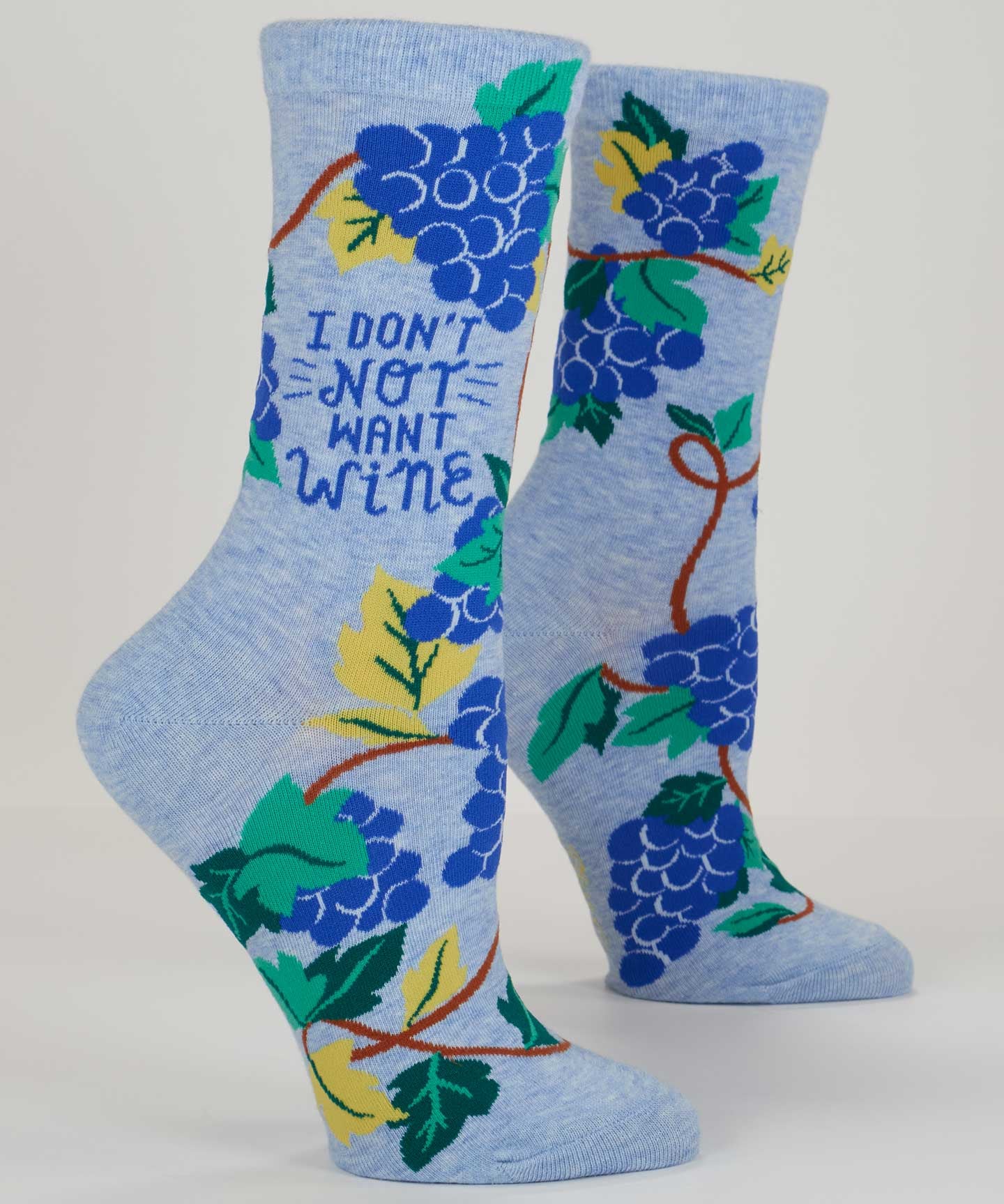 Blue Q ladies crew socks featuring a playful "Don't Not Want Wine" design, in vibrant blue with fun wine-themed graphics.