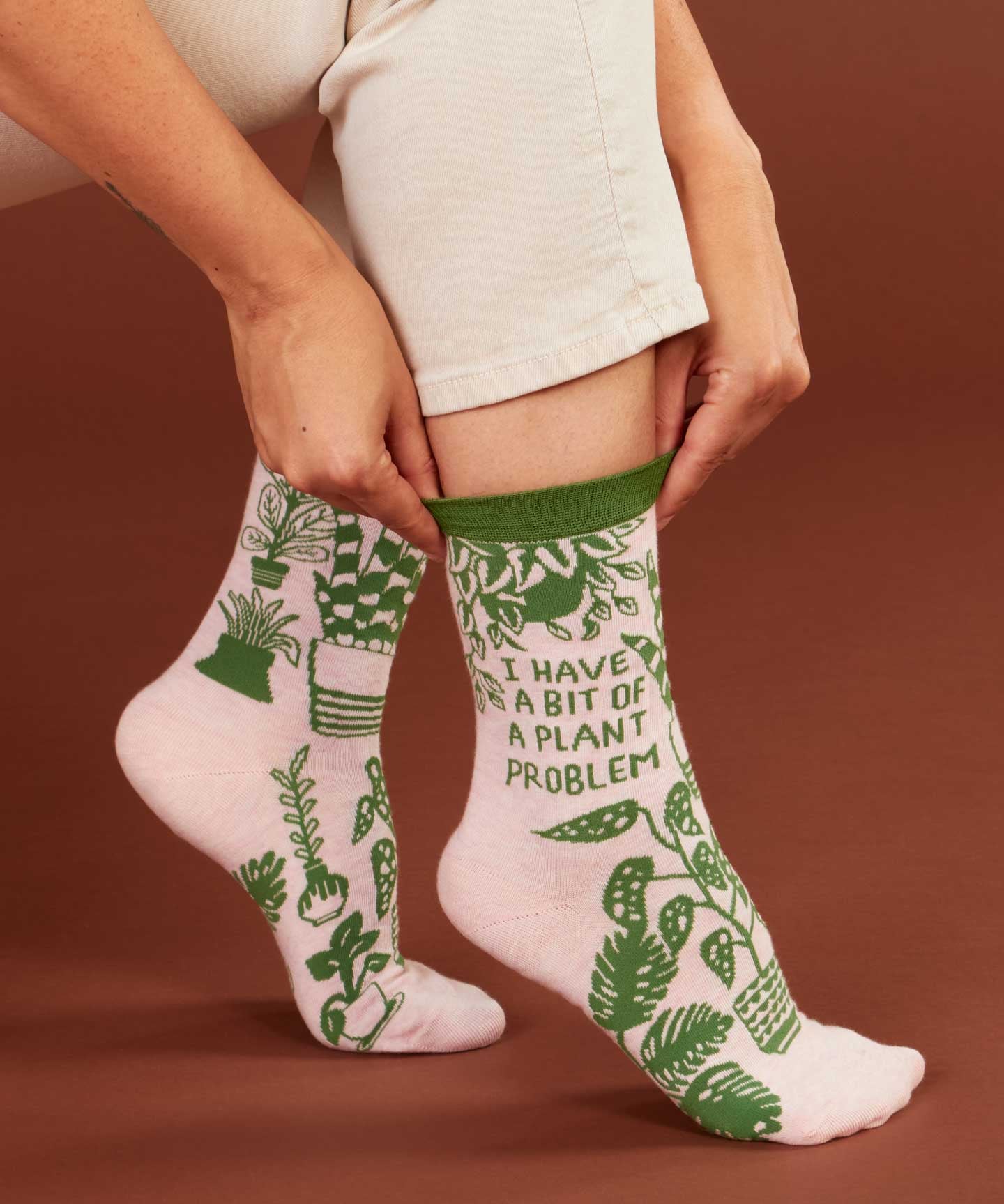 Blue Q ladies crew socks featuring colorful plant-themed design, perfect for plant lovers and casual wear.