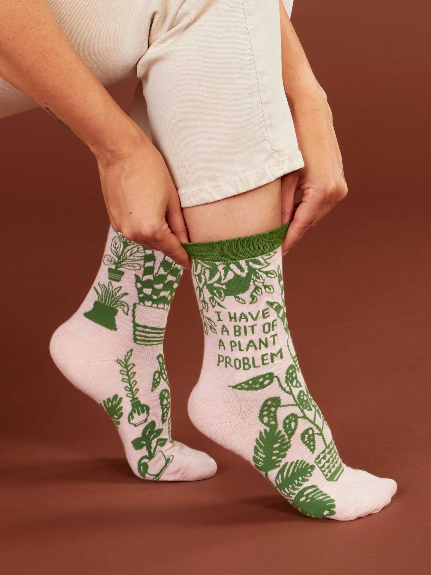 Blue Q ladies crew socks featuring colorful plant-themed design, perfect for plant lovers and casual wear.