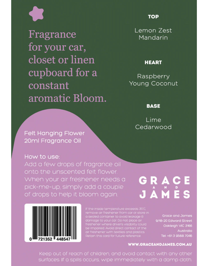 Grace & James Yuzu, Lime & Coconut felt air freshener with colorful, scented felt pieces in a natural, fresh display.