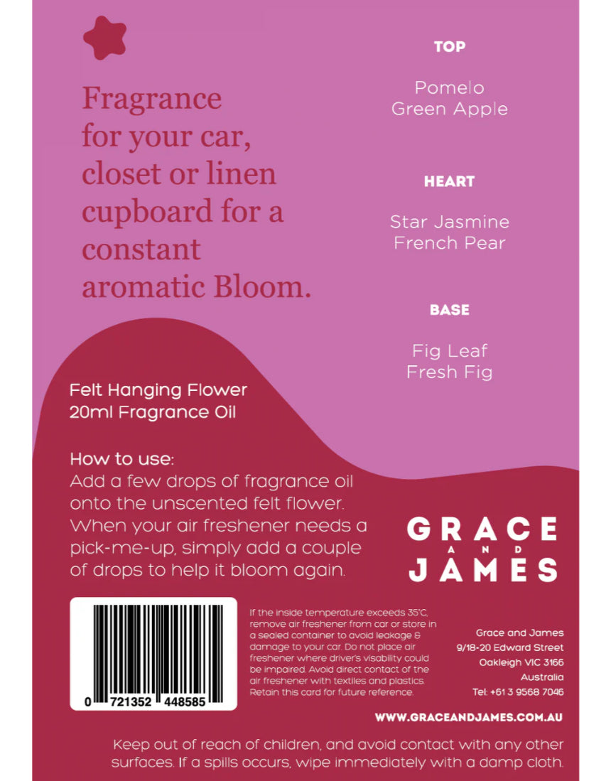 Grace & James Turkish Fig and Pear felt air freshener with a decorative design, shaped like a leaf or rectangle.
