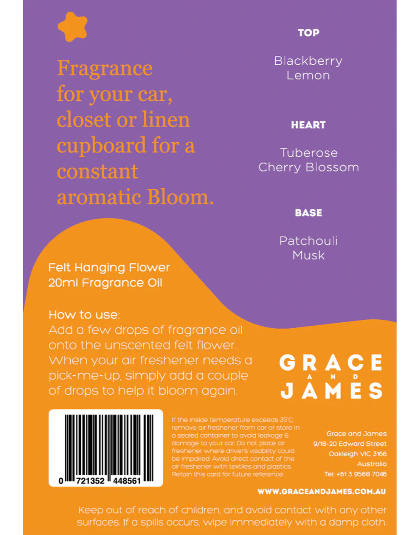 Grace & James Tigerlily & Jasmine felt air freshener with floral design, showcasing the natural scent and handcrafted details.