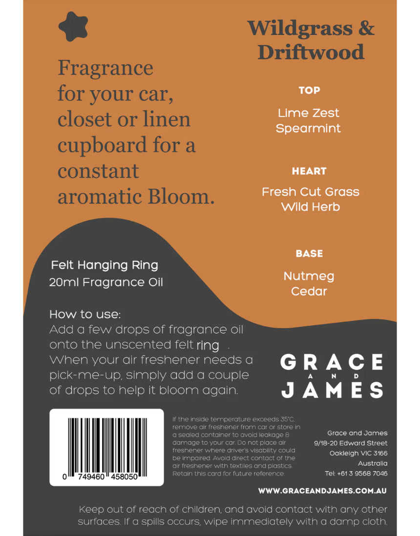 Grace & James Wildgrass and Driftwood felt air freshener, natural scent diffuser with textured felt design.