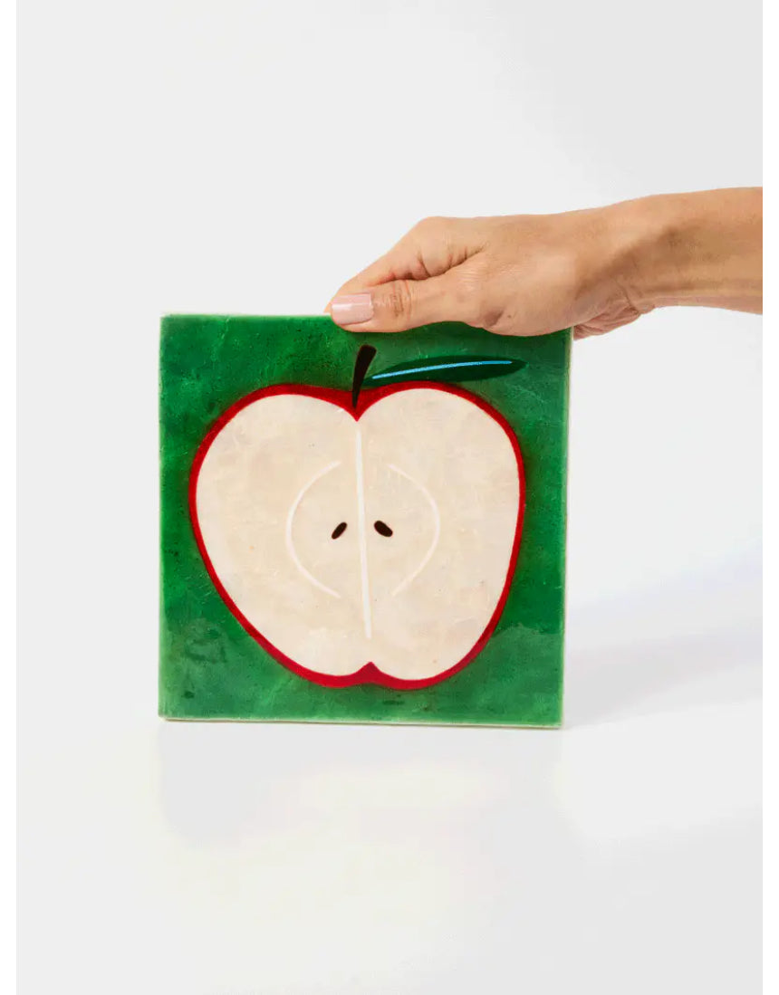 Jones & Co Superette Apple Tile wall decor featuring a colorful, vintage-inspired apple design for stylish home decoration.