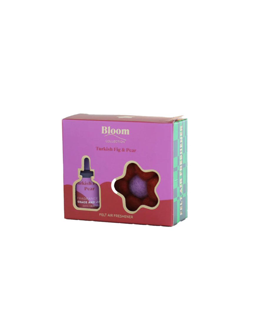 Grace & James Turkish Fig and Pear felt air freshener with soft, colorful felt pieces and hanging string for freshening the air.