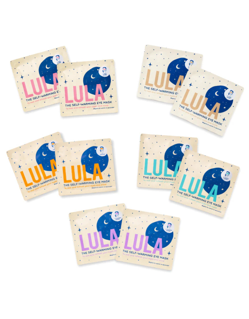 Lula Self-Warming Eye Mask Mixed Pack with 10 masks, soft fabric covering closed eyes for soothing relaxation and warmth.