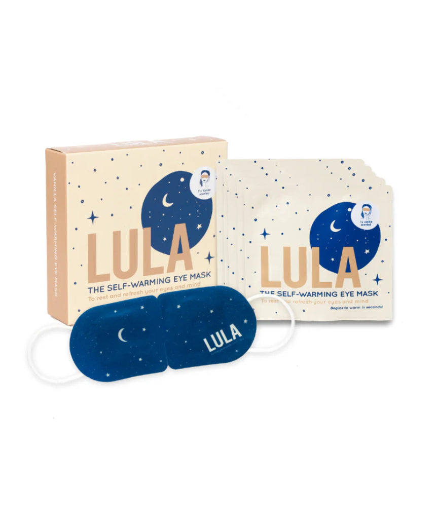 Lula self-warming eye mask in vanilla color, designed for relaxing eye comfort, shown in a close-up image.