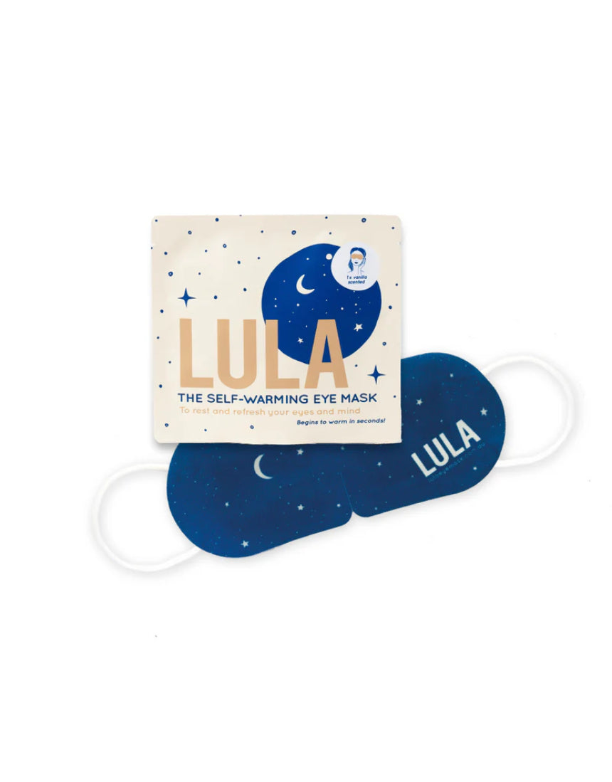 Lula self-warming eye mask in vanilla color, showing soft fabric and ergonomic design for relaxing eye comfort.