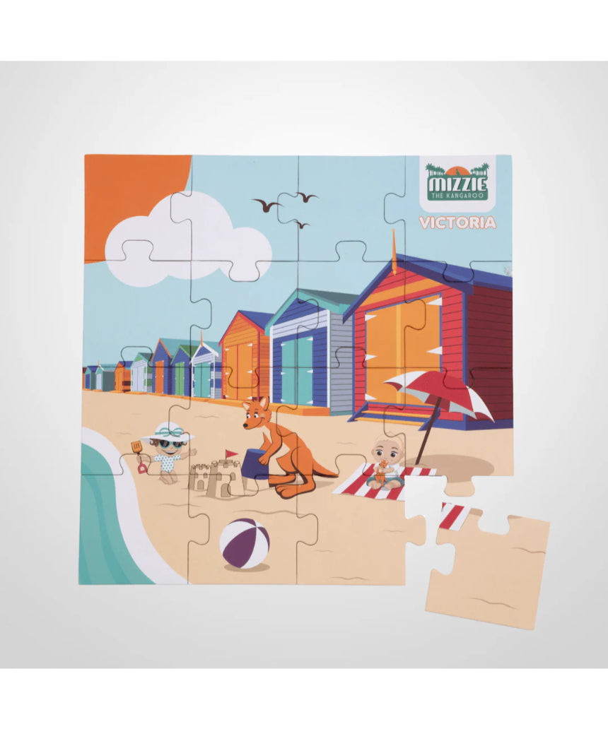 Mizzie the Kangaroo puzzle featuring Mizzie hopping around Victoria on a grey background, ideal for children’s educational play.