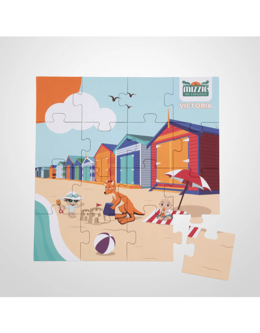 Mizzie the Kangaroo puzzle featuring Mizzie hopping around Victoria on a grey background, ideal for children’s educational play.