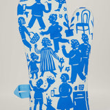 Blue Q oven mitt featuring a colorful party in the kitchen design, made of heat-resistant fabric for safe handling of hot cookware.