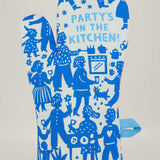 Blue Q oven mitt featuring colorful "Party In The Kitchen" design, made of heat-resistant fabric for safe handling in the kitchen.