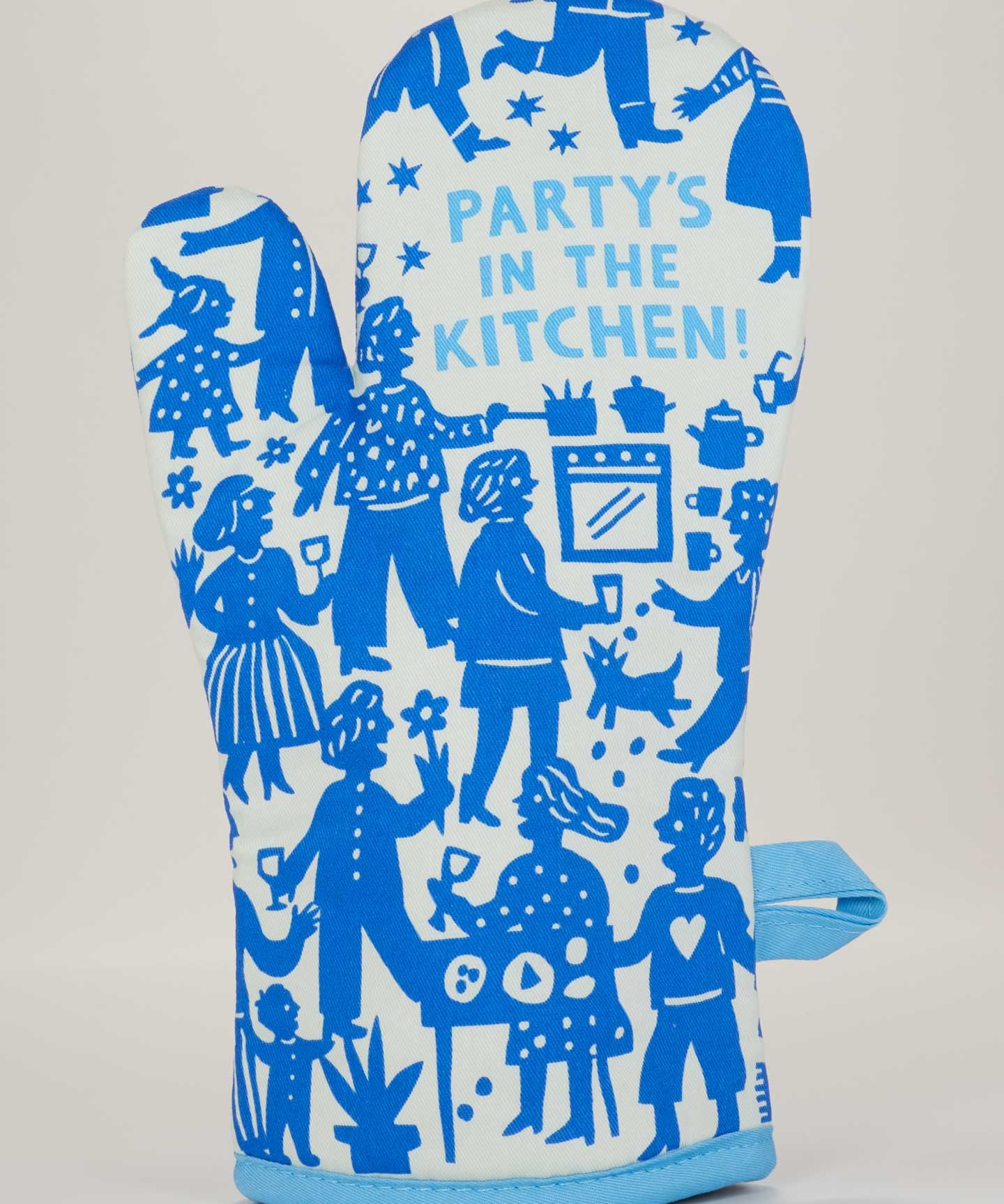 Blue Q oven mitt featuring colorful "Party In The Kitchen" design, made of heat-resistant fabric for safe handling in the kitchen.