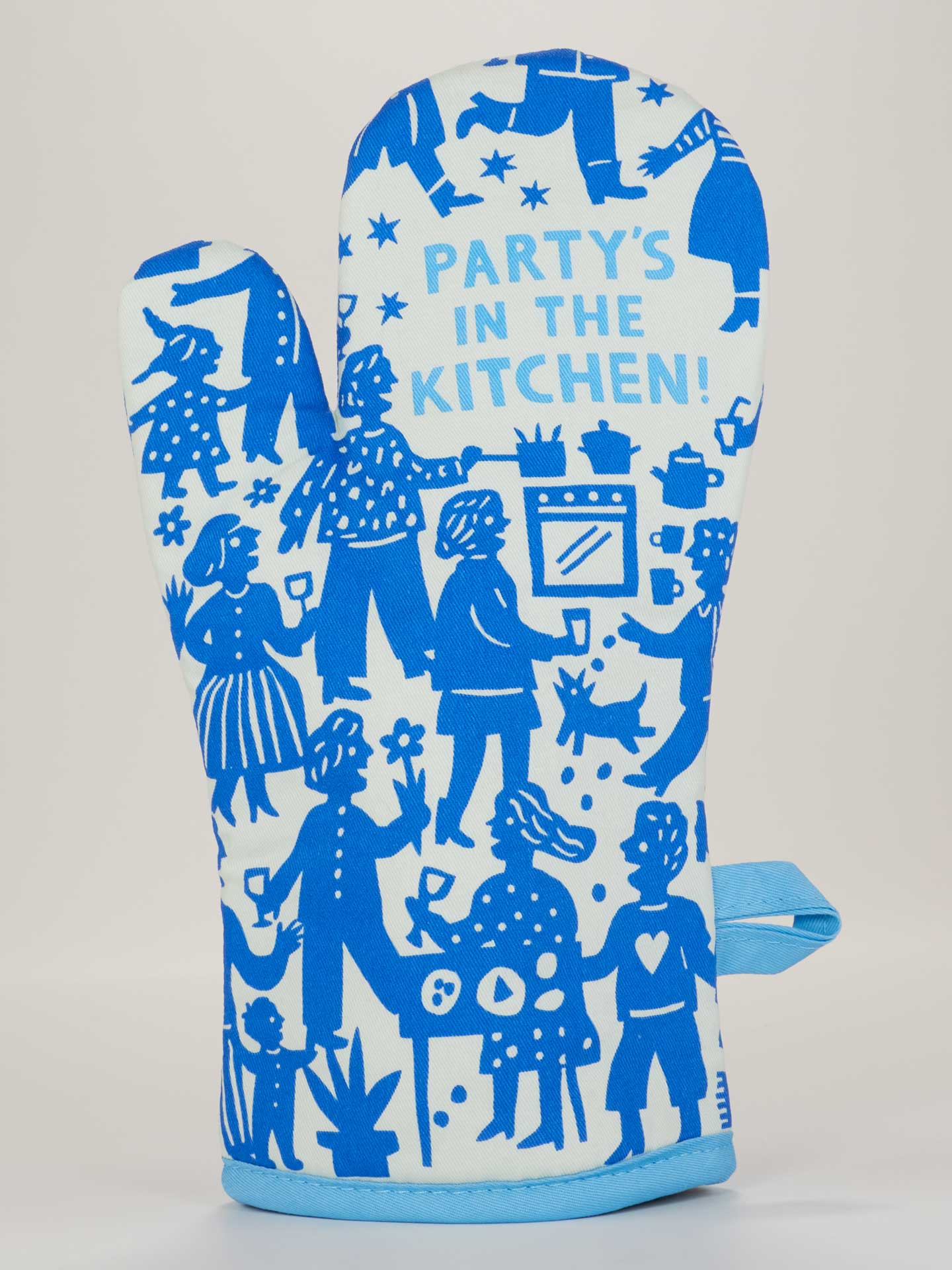 Blue Q oven mitt featuring colorful "Party In The Kitchen" design, made of heat-resistant fabric for safe handling in the kitchen.