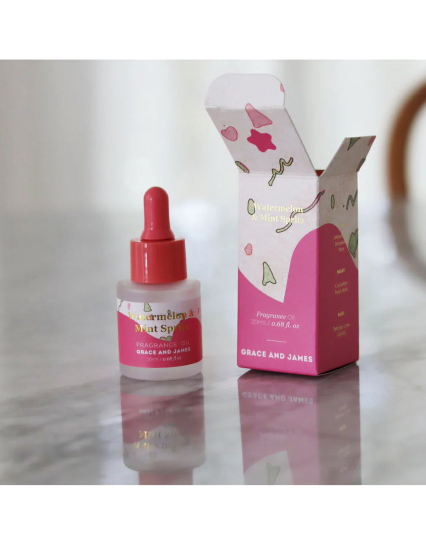Grace & James Watermelon & Mint Heart Felt Air Freshener refill with fresh watermelon and mint scent, shown in a colorful packaging.