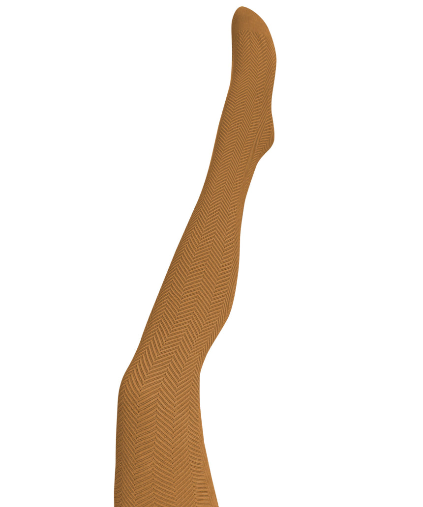 Close-up of Tightology Weave Organic Cotton Tights in butterscotch color, showing the textured woven fabric and knit details.