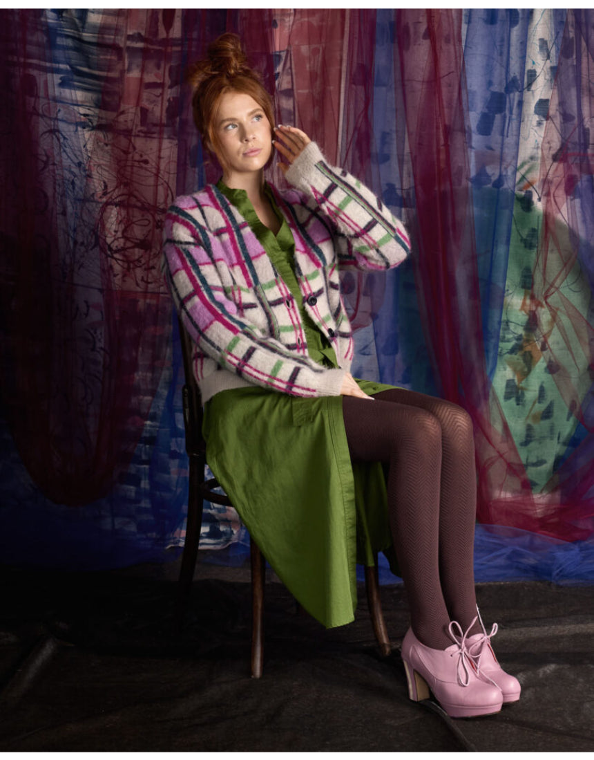 Chocolate brown Tightology Weave Organic Cotton Tights displayed on a model, showcasing their textured weave and snug fit.