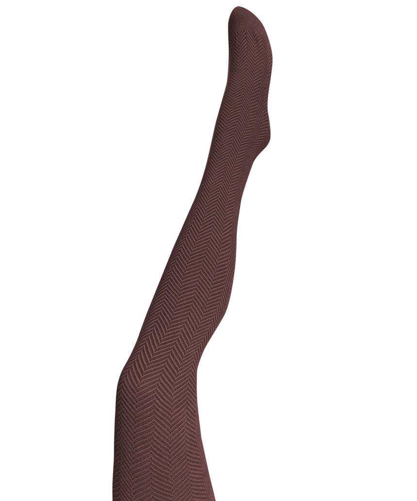 Chocolate brown Tightology Weave Organic Cotton Tights displayed on a model, showcasing their textured weave and snug fit.