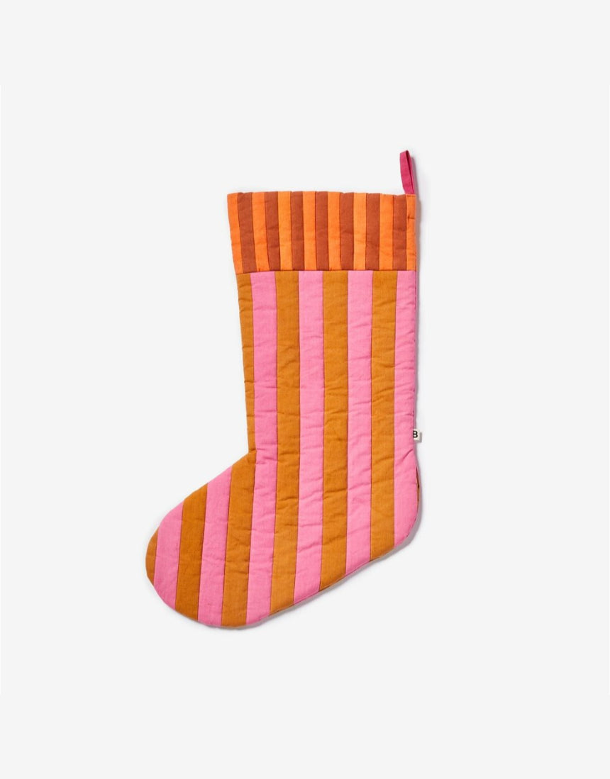 Bonnie and Neil stripe tan pink Christmas stocking made of cotton, festive holiday decoration with a cozy design.