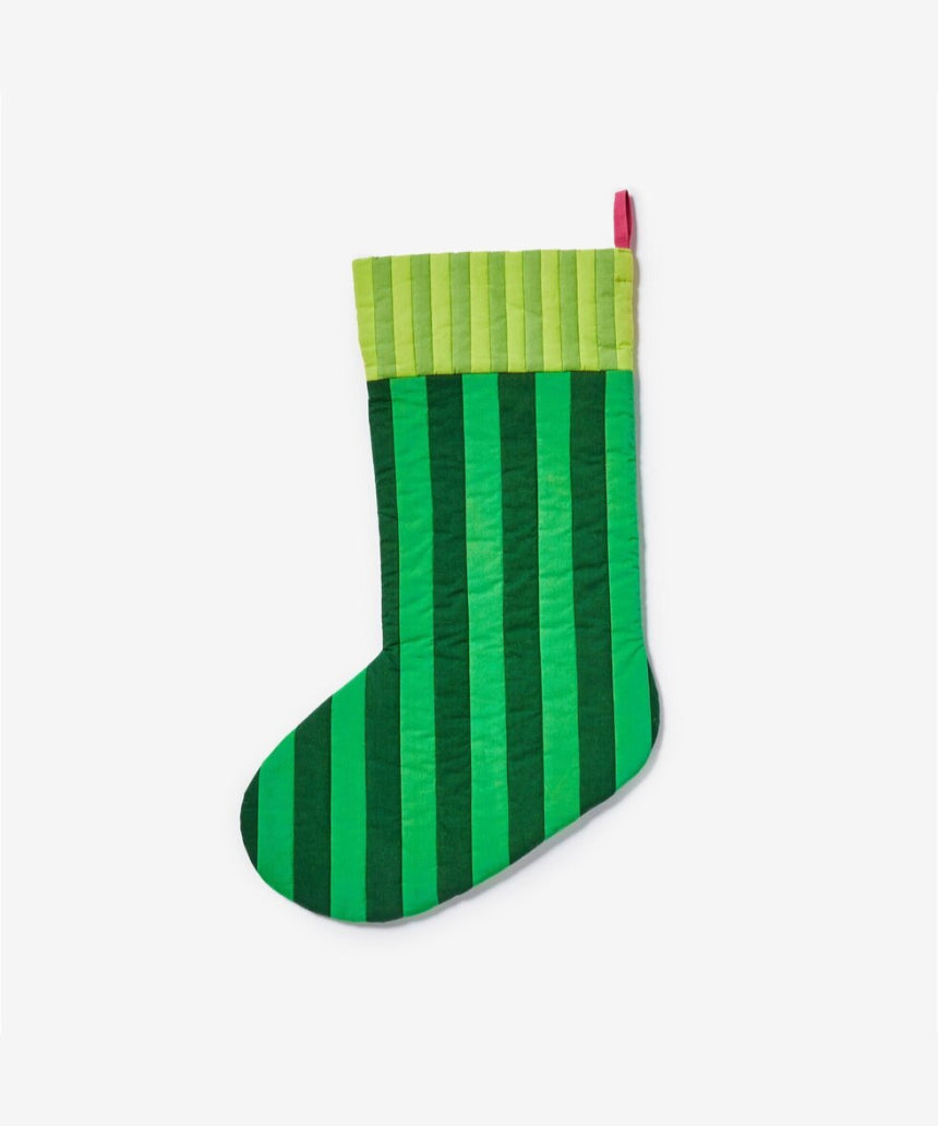 Bonnie and Neil stripe verde Christmas stocking in cotton, featuring festive green and white stripe design for holiday decor.