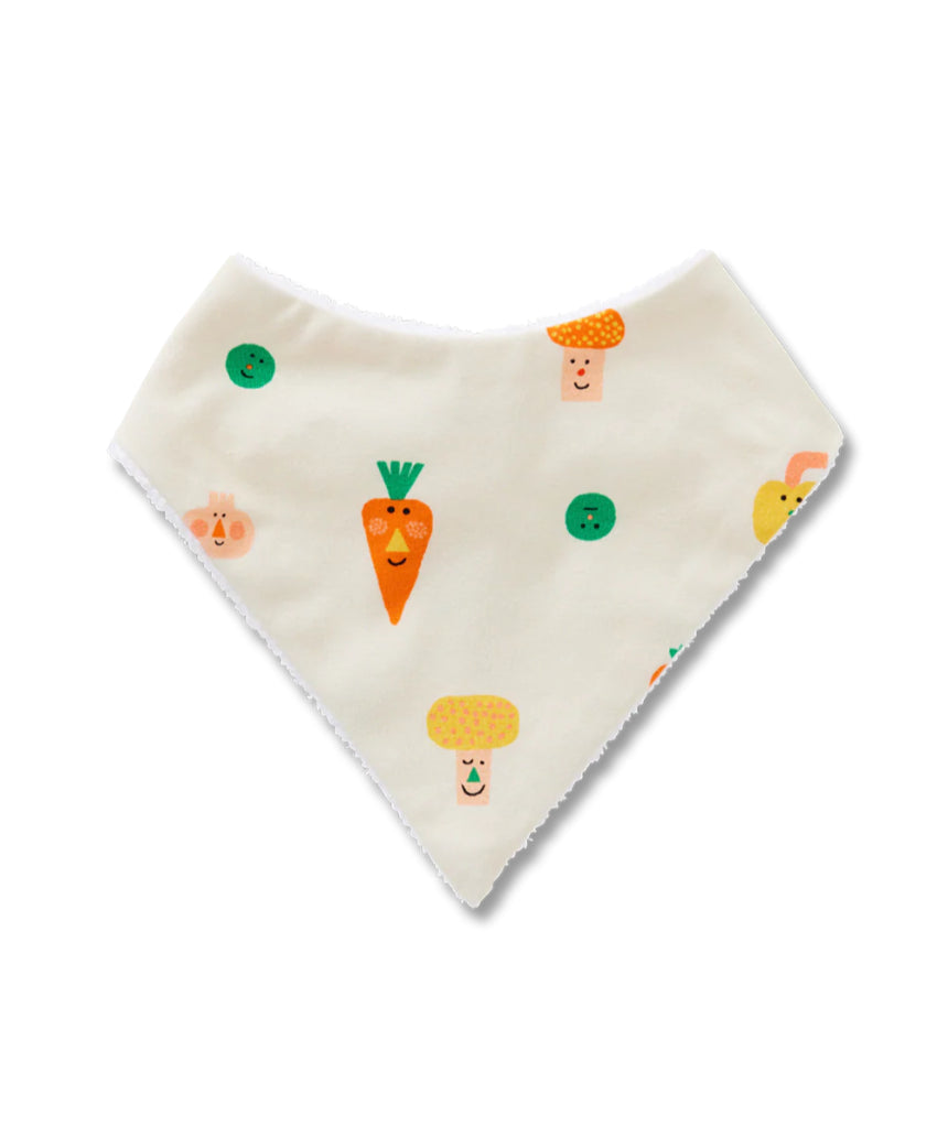 Halcyon Nights Teeny Tiny Veg bib featuring colorful vegetable print on soft fabric, ideal for baby mealtime.