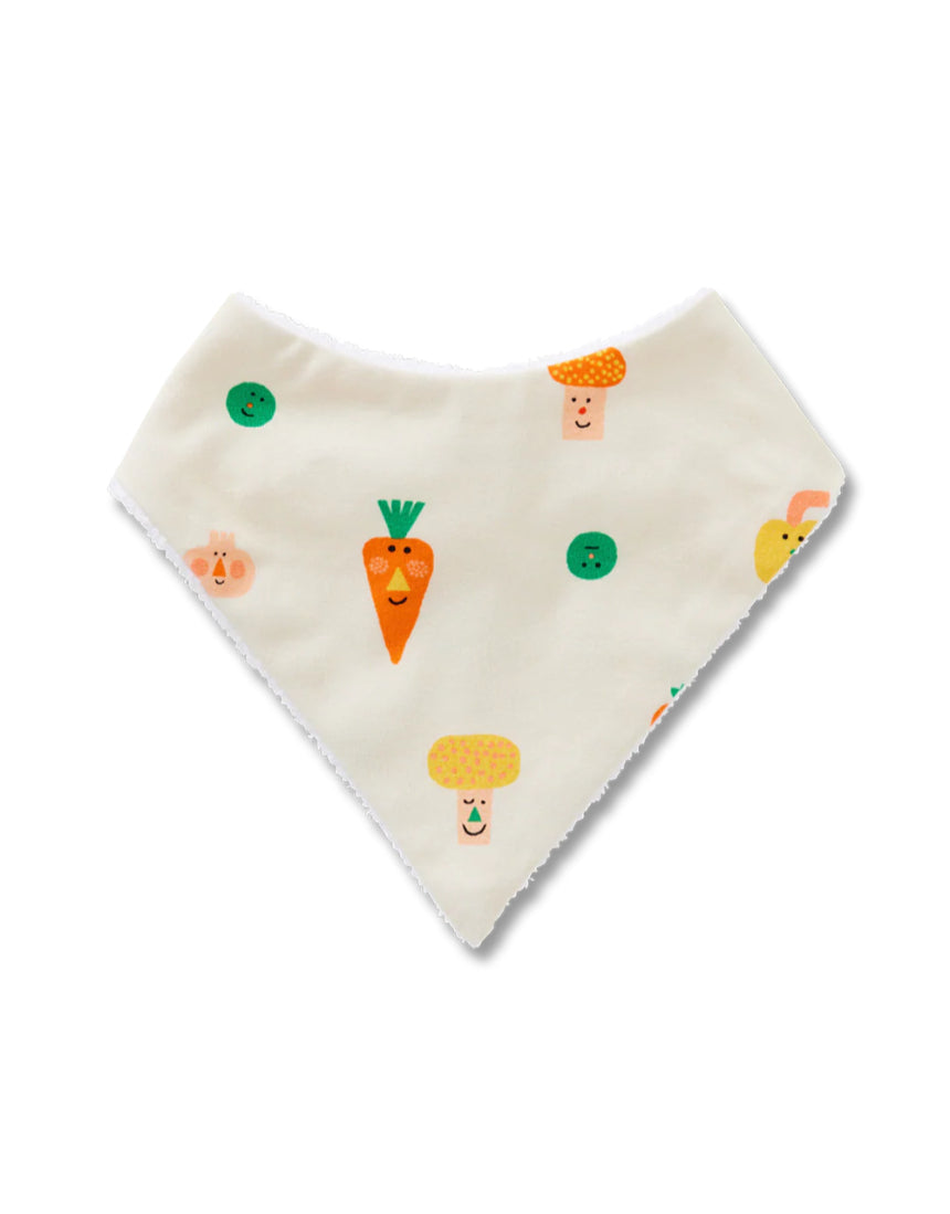 Halcyon Nights Teeny Tiny Veg bib featuring colorful vegetable print on soft fabric, ideal for baby mealtime.