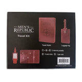 Men's Republic travel wallet and luggage tag set with black leather accessories and clear ID window, suitable for frequent travelers.
