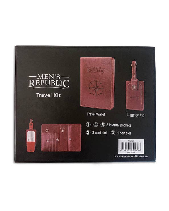 Men's Republic travel wallet and luggage tag set with black leather accessories and clear ID window, suitable for frequent travelers.
