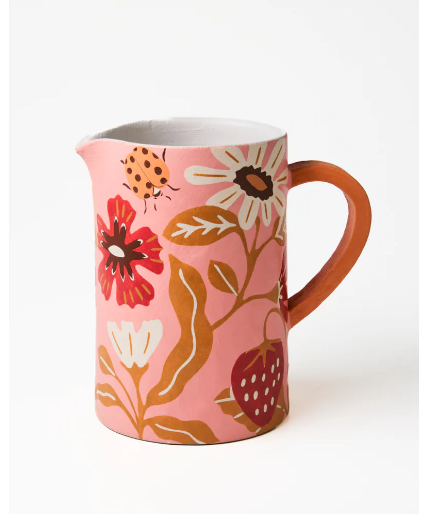Jones & Co Meadow Jug in pink, ceramic pitcher with a smooth, rounded design and glossy finish, ideal for decorative or functional use.